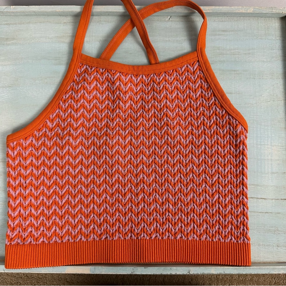 BERSHKA zig zag orange and lavender cross back crop top - size xs